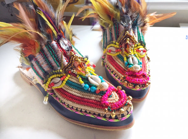 Lunas Embellished Beaded Leather And Raffia Feather Slippers