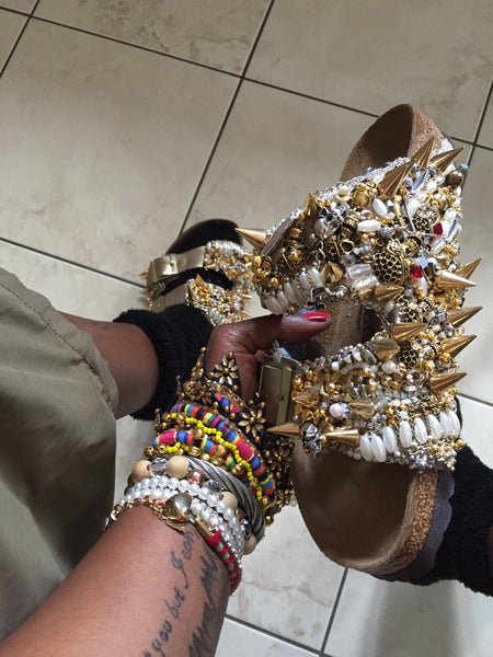 Punk Stud Beaded and Crystal-Embellished Custom Made Arizona Unisex Sandals by Anita Quansah London