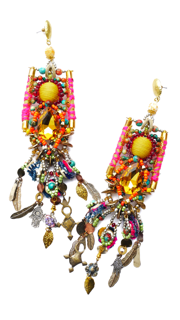 Peni Beaded Embellished Crystal And Amulet Earrings