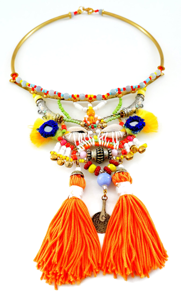Ijele Multi Glass-Beaded Embellished Metal and Cowrie Shells Pendant Necklace with Jumbo Orange Tassels.