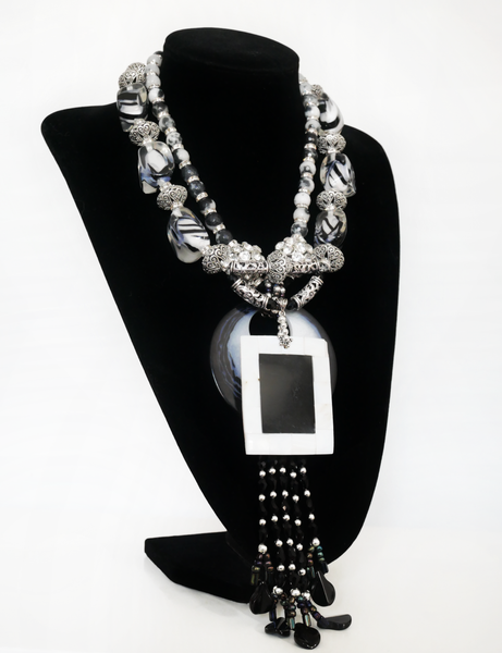 Zebra Motif Resin Beaded, Tibetan Silver and Mother of Pearl Necklace