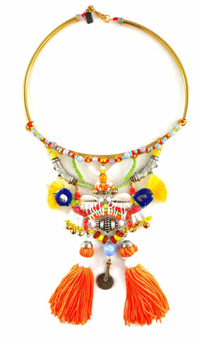Ijele Multi Glass-Beaded Embellished Metal and Cowrie Shells Pendant Necklace with Jumbo Orange Tassels.